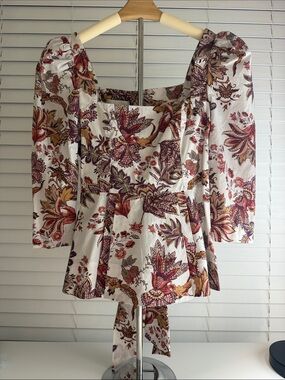 Cara Cara Floral Puff-Sleeve Peplum Top in Cream, Burgundy and Mustard
